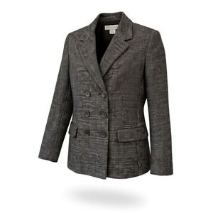 Double Breasted Tweed Blazer Jacket Black Tan Sz 10‎ NWT Preppy Career Old Money
